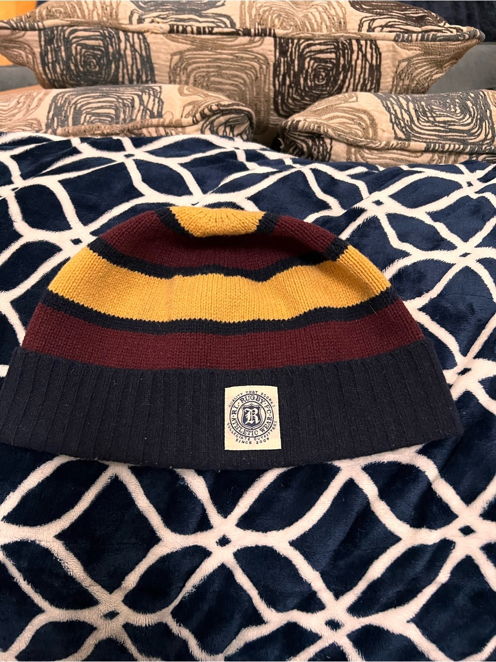 Rugby Ralph Lauren Navy, Maroon & Mustard Striped Knit Beanie